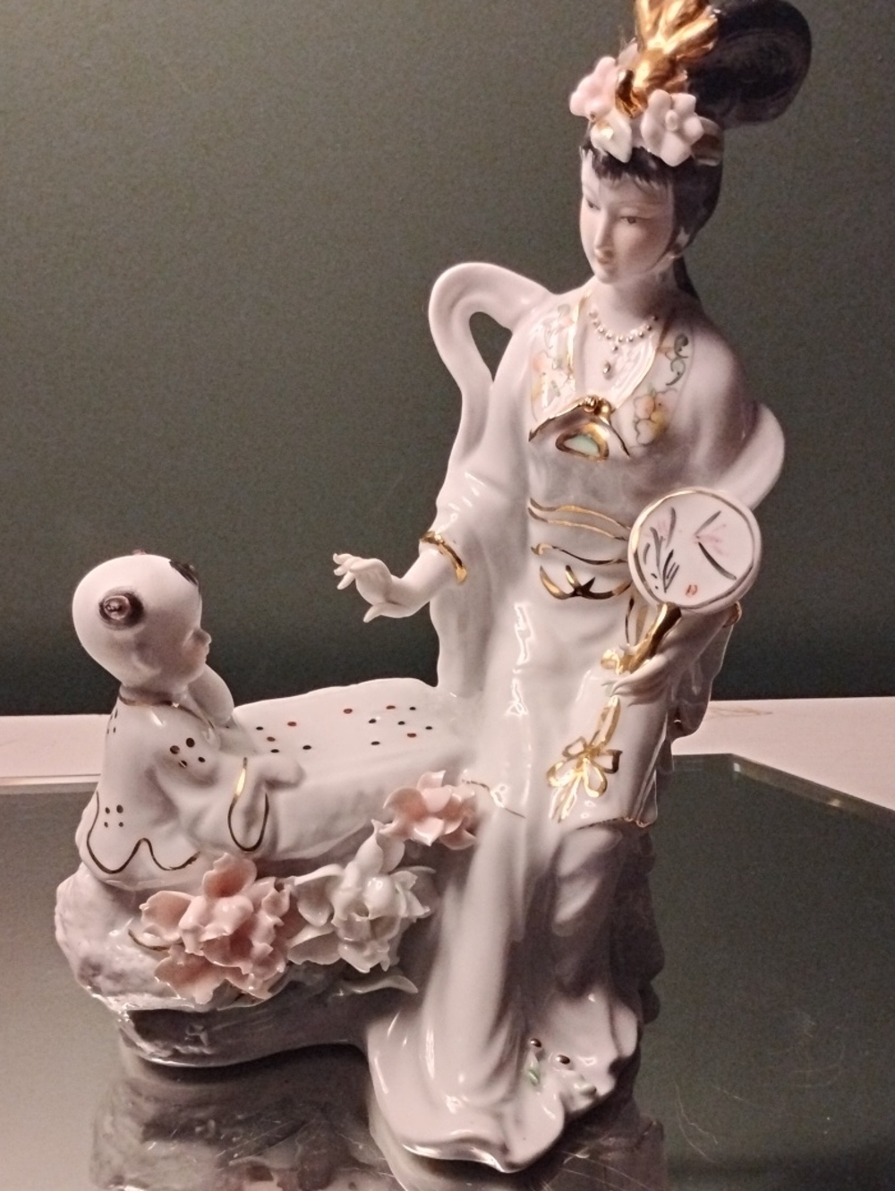 Porcelain Geisha and Child Sculpture in White with Pink and Gold Accents